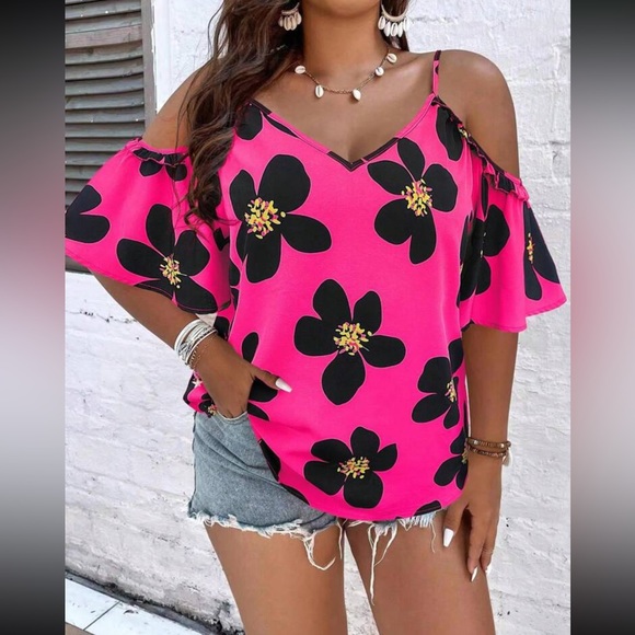 Plus boho hot pink floral print cold shoulder blouse - Picture 5 of 15